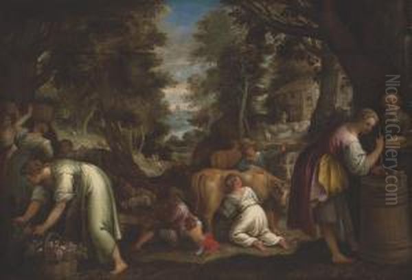 A Farm Scene Within A Wooded Landscape, Hunters Beyond - view 1