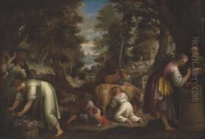 A Farm Scene Within A Wooded Landscape, Hunters Beyond A Farm Scene Within A Wooded Landscape, Hunters Beyond