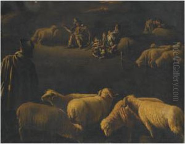 A Night Scene With Shepherds Resting By A Fire - view 1