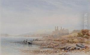 Caernarfon Castle, With Figures Hauling Netsashore To The Foreground by James Orrock