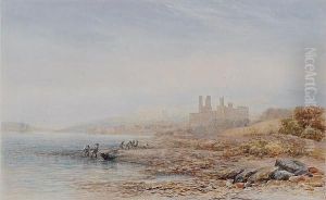 Caernarfon Castle, With Figures 
Hauling Netsashore To The Foreground, Signed, Watercolour