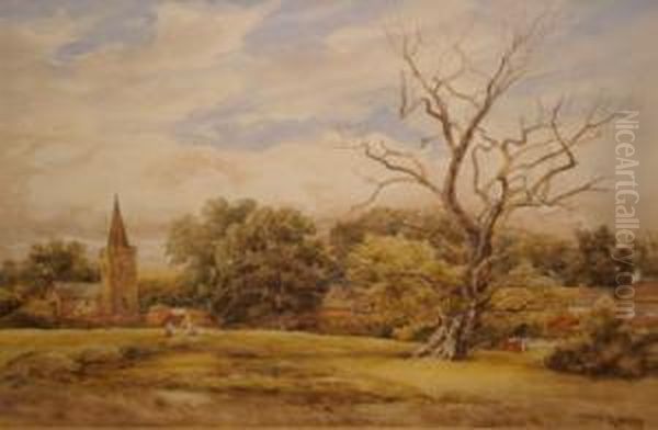 ' Newton Linford In Leicester ' - Field With Figures, Church And Trees - view 1