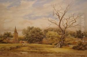 ' Newton Linford In Leicester ' - Field With Figures, Church And Trees