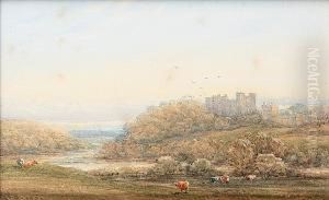 Figures On A Country Path By A
Castle, Together With Another Of A River Landscape With Castle And
Cattle Grazing, Possibly Alnwick Castle, (2) by James Orrock