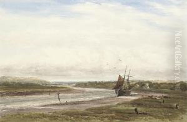 An Extensive River Landscape With A Sailing Boat Moored At Low Tide - view 1