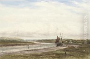 An Extensive River Landscape With A Sailing Boat Moored At Low Tide by James Orrock