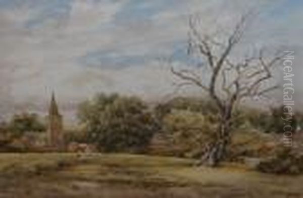 ' Newton Linford In Leicester ' - Field With Figures, Church And
 Trees - view 1