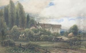 Figures Beside An Old Mill In A Woodland Landscape by James Orrock