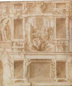 A Design For A Section Of
Painted Faade Decorated With Thesacrifice Of Marcus Curtius And Mucius
Scaevola, And Otherfigures by Lelio Orsi