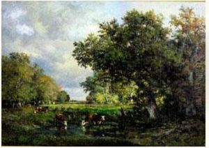Paysage Aux Vaches Pres De La Mare by Francois Auguste Ortmans