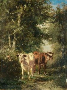 Zwei Kuhe Auf Einem Waldweg. by Francois Auguste Ortmans