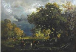 Vaches A La Mare Dans La Foret De Fontainebleau.