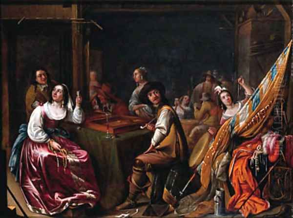 A Kortegaardje Officers and campfollowers playing tric-trac in a guardroom, others distributing the loot nearby - view 1