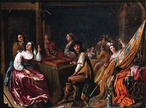 A Kortegaardje Officers and campfollowers playing tric-trac in a guardroom, others distributing the loot nearby A Kortegaardje Officers and campfollowers playing tric-trac in a guardroom, others distributing the loot nearby