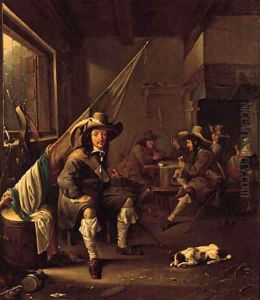 An ensign seated by a barrel in a guardroom, officers playing at cards by a chimney beyond