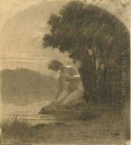Un Paysage Avec Une Femme Nue Agenouillee Au Bord D'un Lac