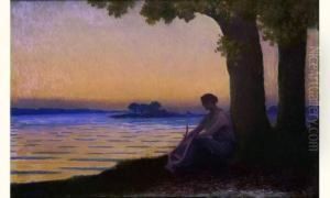 Jeune Femme A La Lyre Au Soleil Couchant