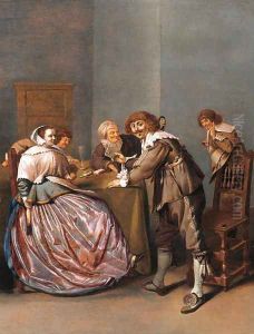 An officer and a courtesane playing cards in a brothel