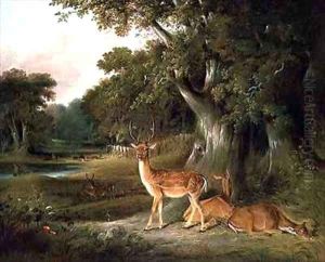Deer in a wooded landscape by William Daniell RA