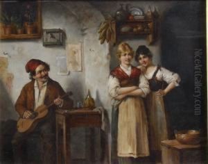 Motiv Av Genrescen Fran Vardshusmiljo Med Musikant Och Tva Unga Kvinnor. by Carl Ostersetzer