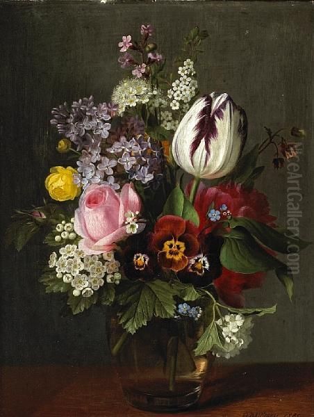A Still Life With A Rose, A Tulip, Pansies And Other Flowers In A Glass Vase - view 1