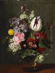 A Still Life With A Rose, A Tulip, Pansies And Other Flowers In A Glass Vase
