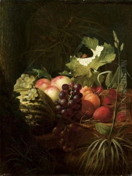 Natura Morta Con Uva, Melone,
Pesche, Mele, Susine, Ciliegie E Chiocciola Su Foglia D'uva - view 1