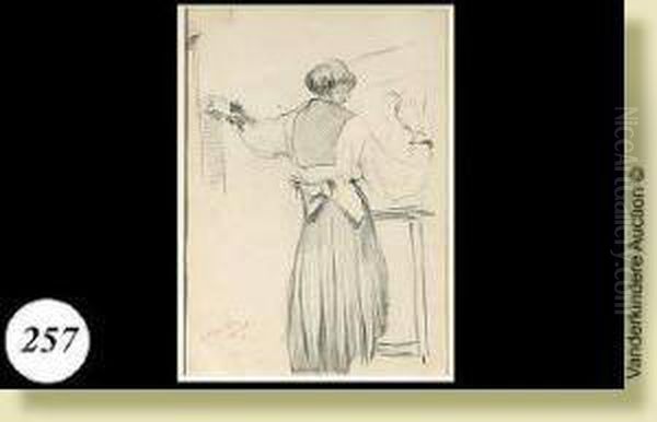 'l'artiste Dans Son Atelier", 
Dessin Sur Papier.monogramme En Bas A Gauche H.o. Pour Henri Ottevaere 
Et Date Mai1918. Ecole Belge. Dim.: 34x24 Cm - view 1