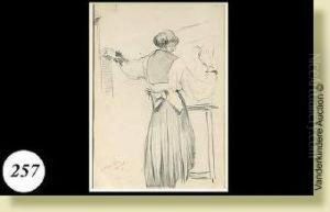 'l'artiste Dans Son Atelier", 
Dessin Sur Papier.monogramme En Bas A Gauche H.o. Pour Henri Ottevaere 
Et Date Mai1918. Ecole Belge. Dim.: 34x24 Cm