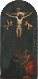Christ On The Cross With Saint Francis Of Assisi And Saint Jerome by Pasquale Ottino
