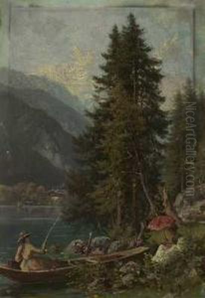 Junge Anglerin Am Ufer Eines Sommerlichen Gebirgssees - view 1