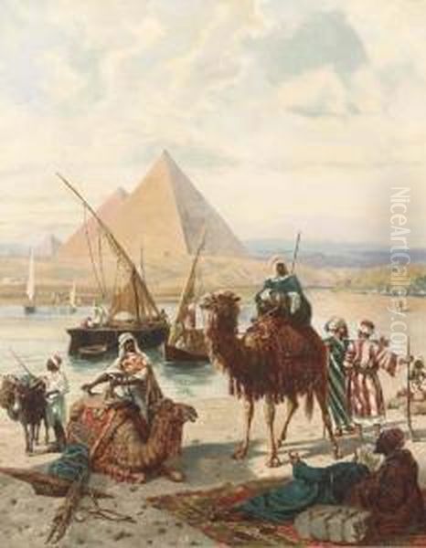 Nomads Resting By The River With Pyramids Beyond - view 1