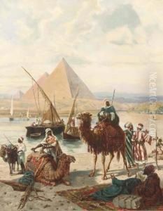 Nomads Resting By The River With Pyramids Beyond by Ruppert Otto Von