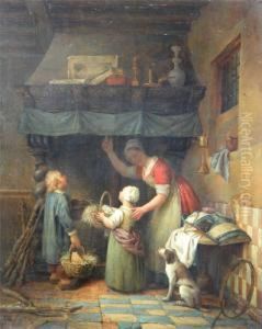 Mere Et Enfants Pres Du Feu Ouvert. by Ferdinand de Braekeleer