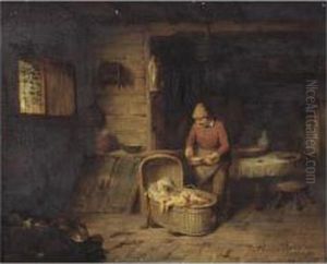 [attributed To Ferdinand De Braekeleer, Feeding Baby, Oil On Panel] by Ferdinand de Braekeleer