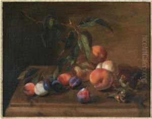 A Still Life With Peaches, Plums And Hazelnuts On A Wooden Table by Jacques Charles Oudry