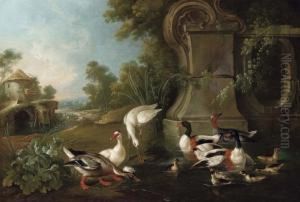 Fontana Con Anatre, Anatroccoli e Altri Volatili In Un Paesaggio by Jacques Charles Oudry