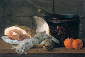 Still Life With A Ham, A 
Porcelain Bowl, A Chinoiserie Pot, Two Oranges, A Rabbit And A 
Partridge, Together On A Wooden Table