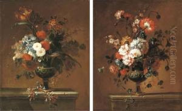 Carnations, Peonies, Narcissi
And Other Flowers In An Urn On A Ledge; And A Parrot Tulip, Peonies And
Other Flowers In An Urn On A Ledge - view 1