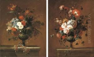 Carnations, Peonies, Narcissi
And Other Flowers In An Urn On A Ledge; And A Parrot Tulip, Peonies And
Other Flowers In An Urn On A Ledge by Jacques Charles Oudry