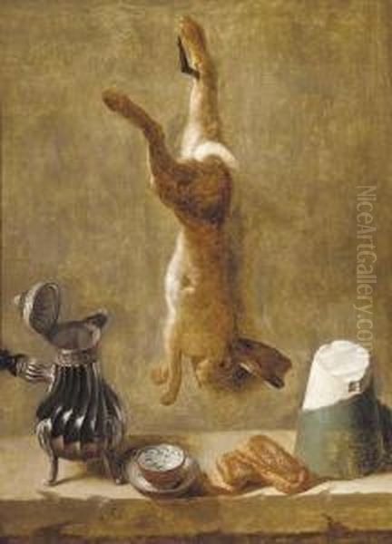A Dead Hare Hanging From A Nail
With Coffee Pot, Cup And Saucer, Pastries And Block Of Salt On A Ledge - view 1