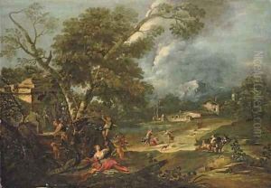 An Italianate river landscape with Juno resting under a tree with putti, a fountain nearby by Antonio Diziani
