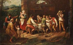 Peasants eating in a farmyard by Antonio Diziani