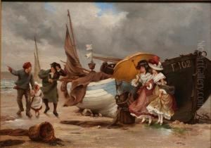 Elegants Debarquant Sur La Plage De Fecamp by Pierre Outin