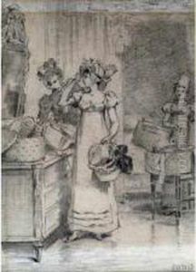 Chez La Modiste Mine De Plomb Sur Papier Signee En Bas A Droite 21.50 X 15.30 Cm by Pierre Outin