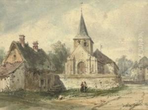 Villagers Gathered Before A Church, In An Alpine Landscape; Figures Beside A Church