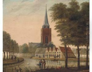 A Canalside Town With Figures Fishing And Discoursing In Theforeground