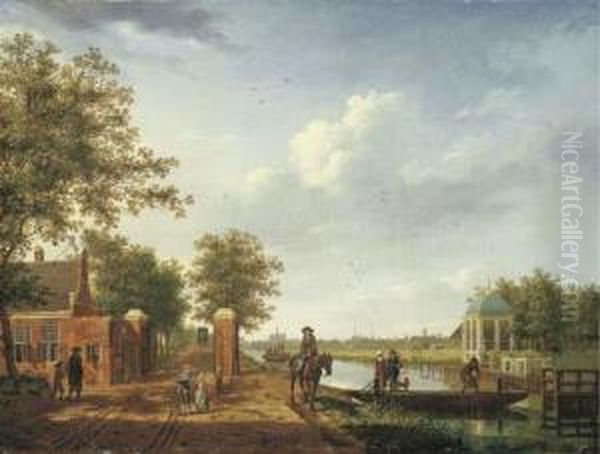 A View Of Amsterdam From The 't
Spaarne Canal In Slooterdijk With Travellers On A Towpath By The
Tollgate And A Couple On A Ferry - view 1