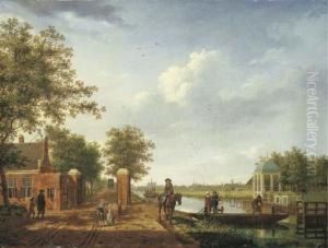 A View Of Amsterdam From The 't 
Spaarne Canal In Slooterdijk With Travellers On A Towpath By The 
Tollgate And A Couple On A Ferry