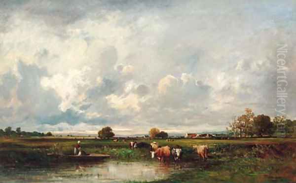 Cattle and farmhands in a pasture - view 1